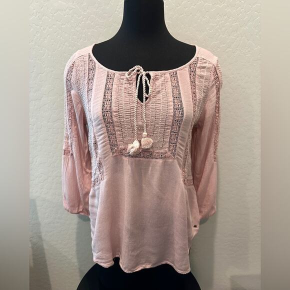 AMERICAN EAGLE | Blush Pink Boho Peasant Blouse Lace Trim Long Sleeve | Medium - Picture 2 of 8